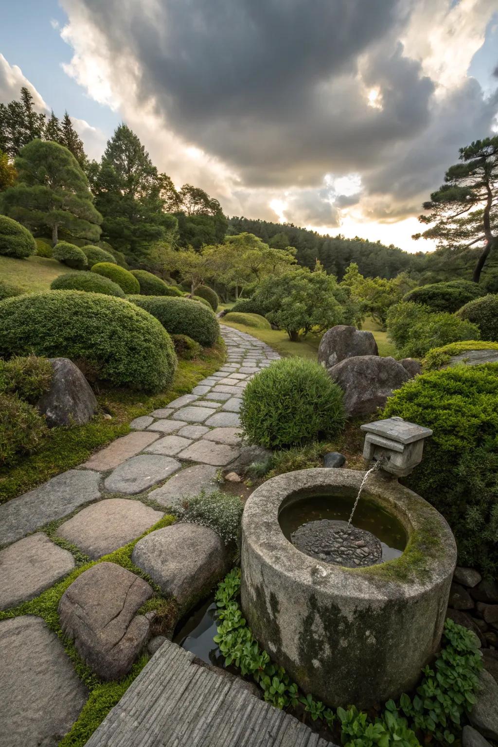A water basin invites interaction and adds a traditional touch.