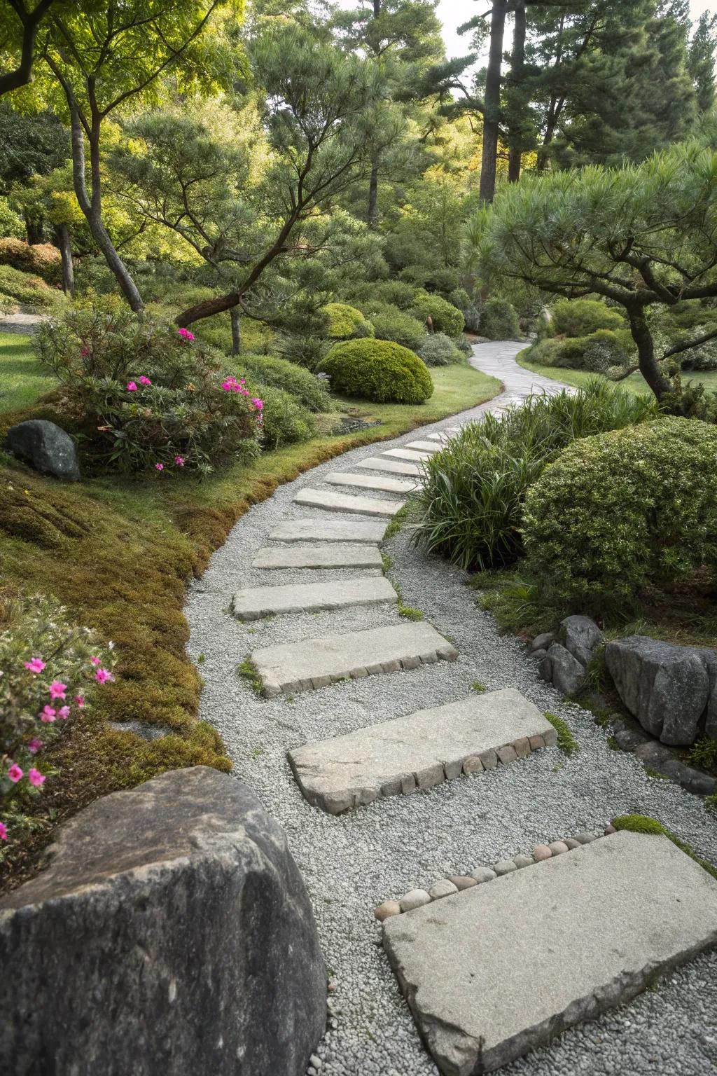 Japanese garden path featuring transitions between stone and gravel sections for visual interest.