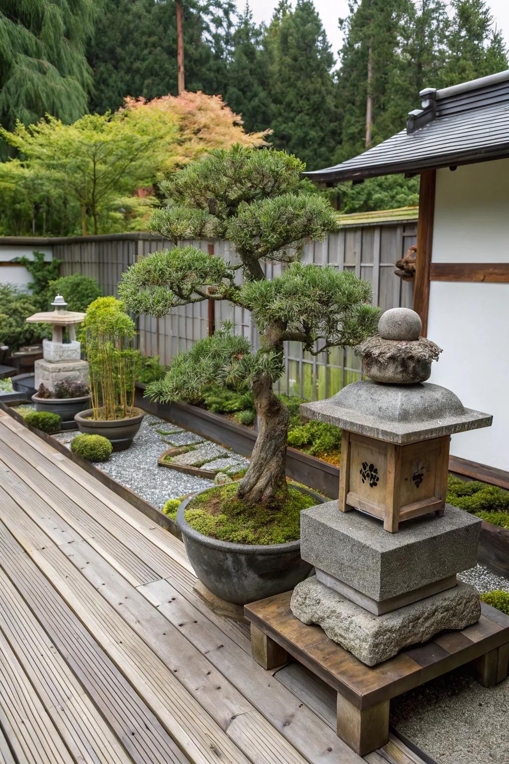 Showcase the art of bonsai for a refined deck.