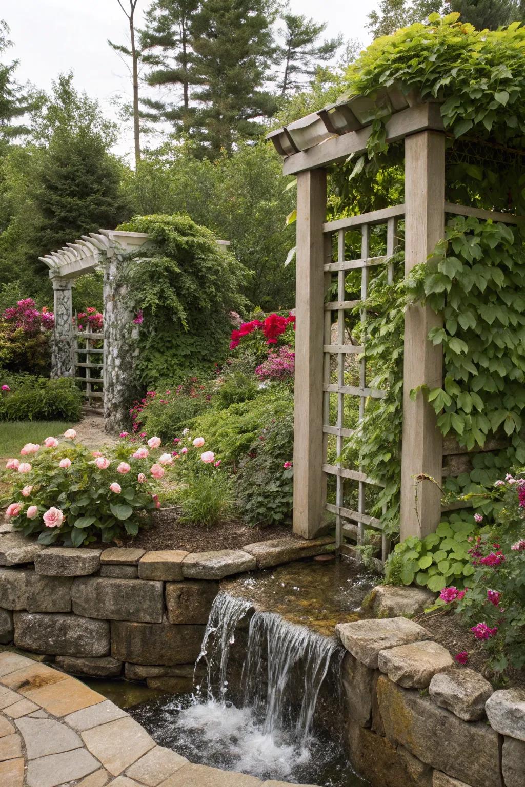 A trellis with a water feature adds tranquility to the garden.
