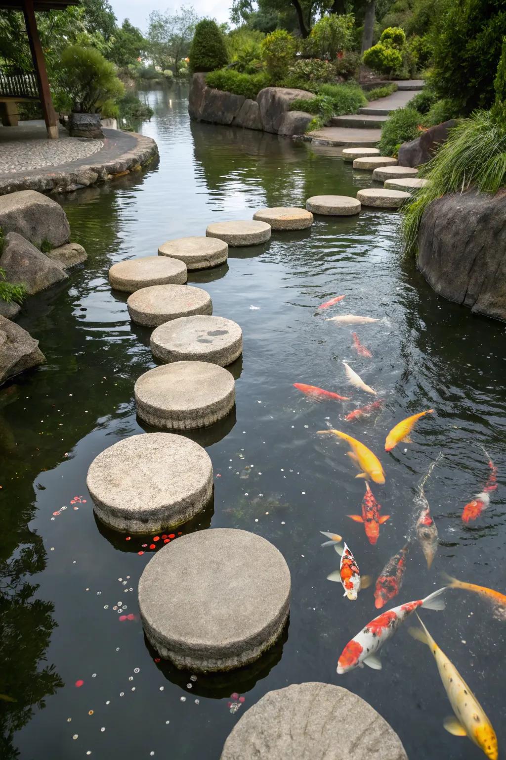 Floating stepping stones creating a unique walkable path across the pond.
