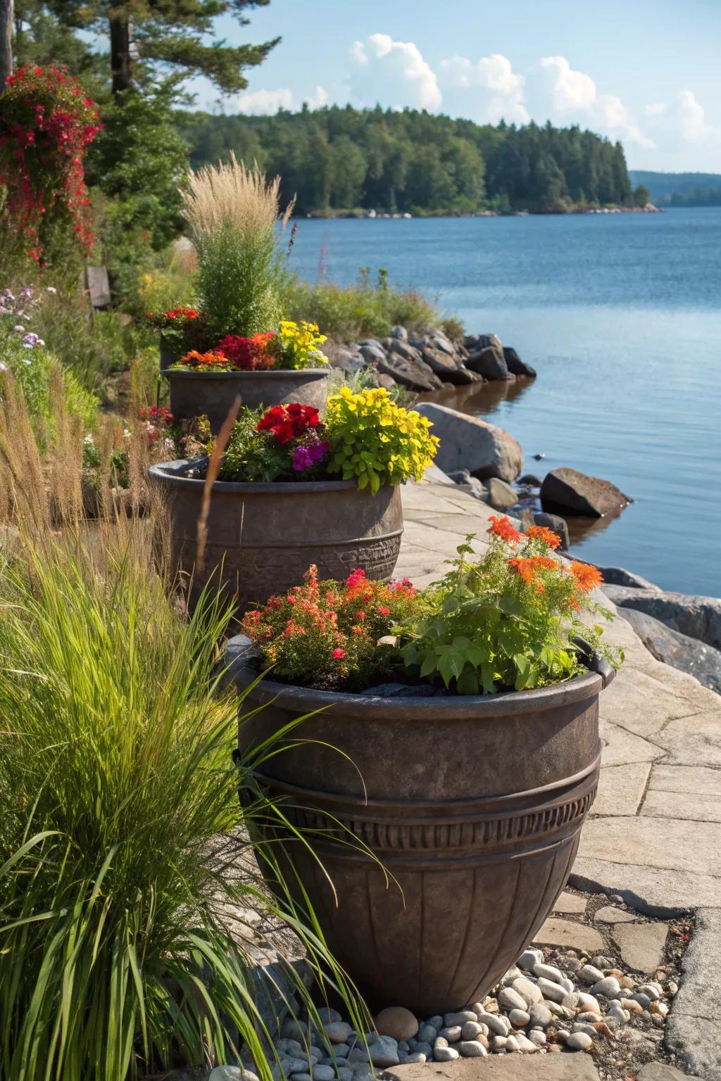 Decorative containers bringing plants to rocky areas.