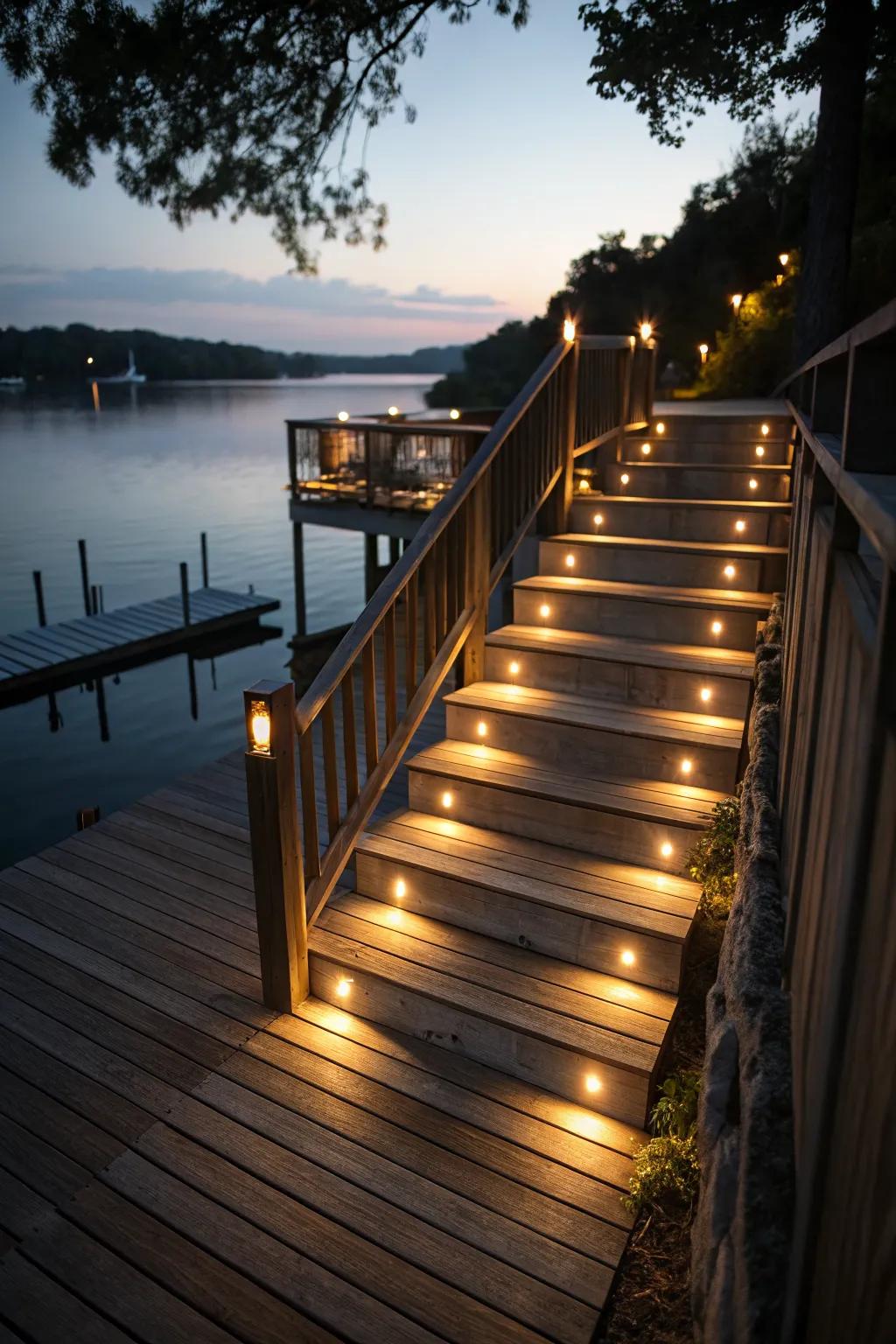 Step lights provide safety and visibility on this dock's staircase.