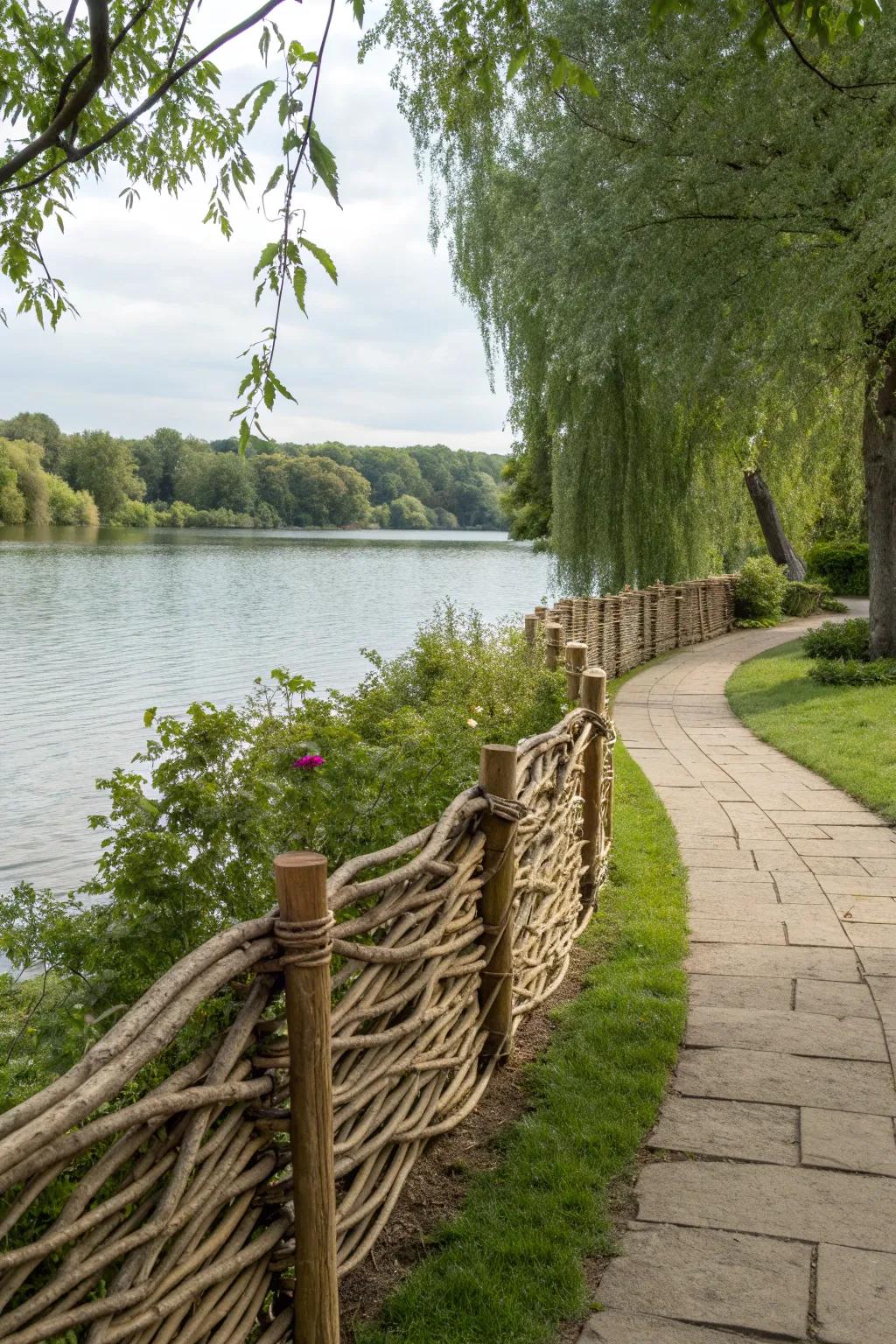 Unique woven willow fence for artistic flair.