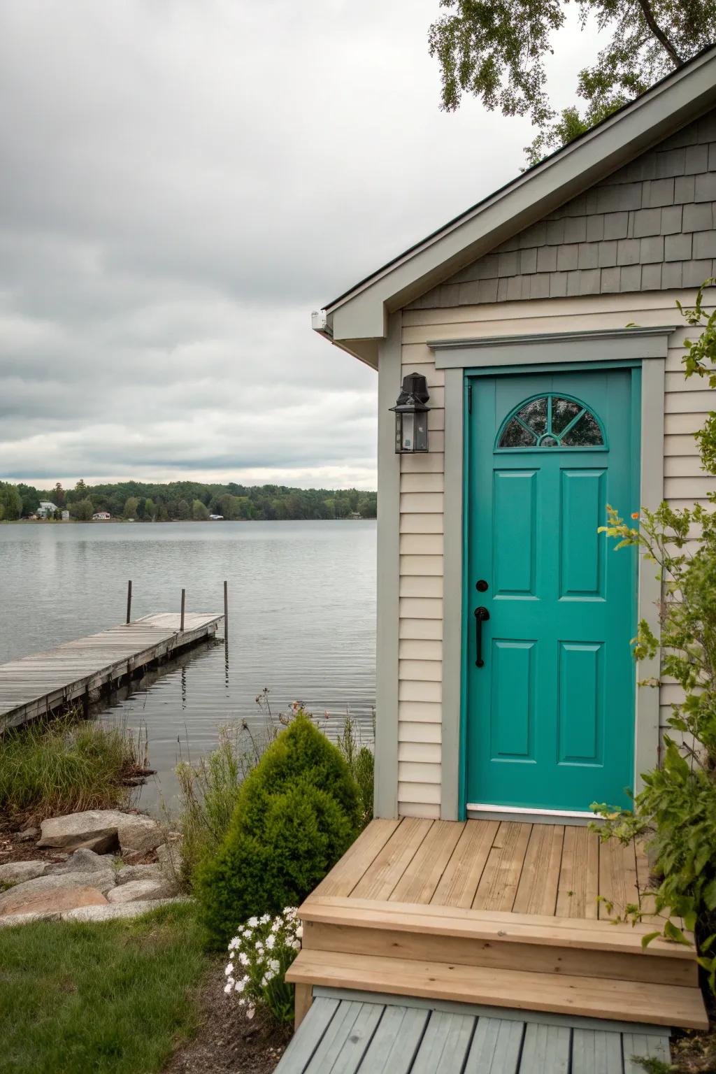 A bold teal door adds a pop of color and personality.