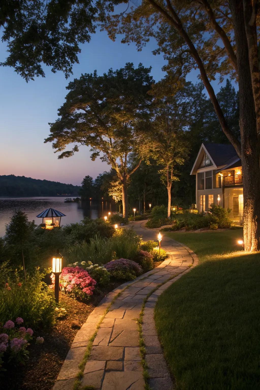 Solar lighting adds ambiance and safety to your night garden.