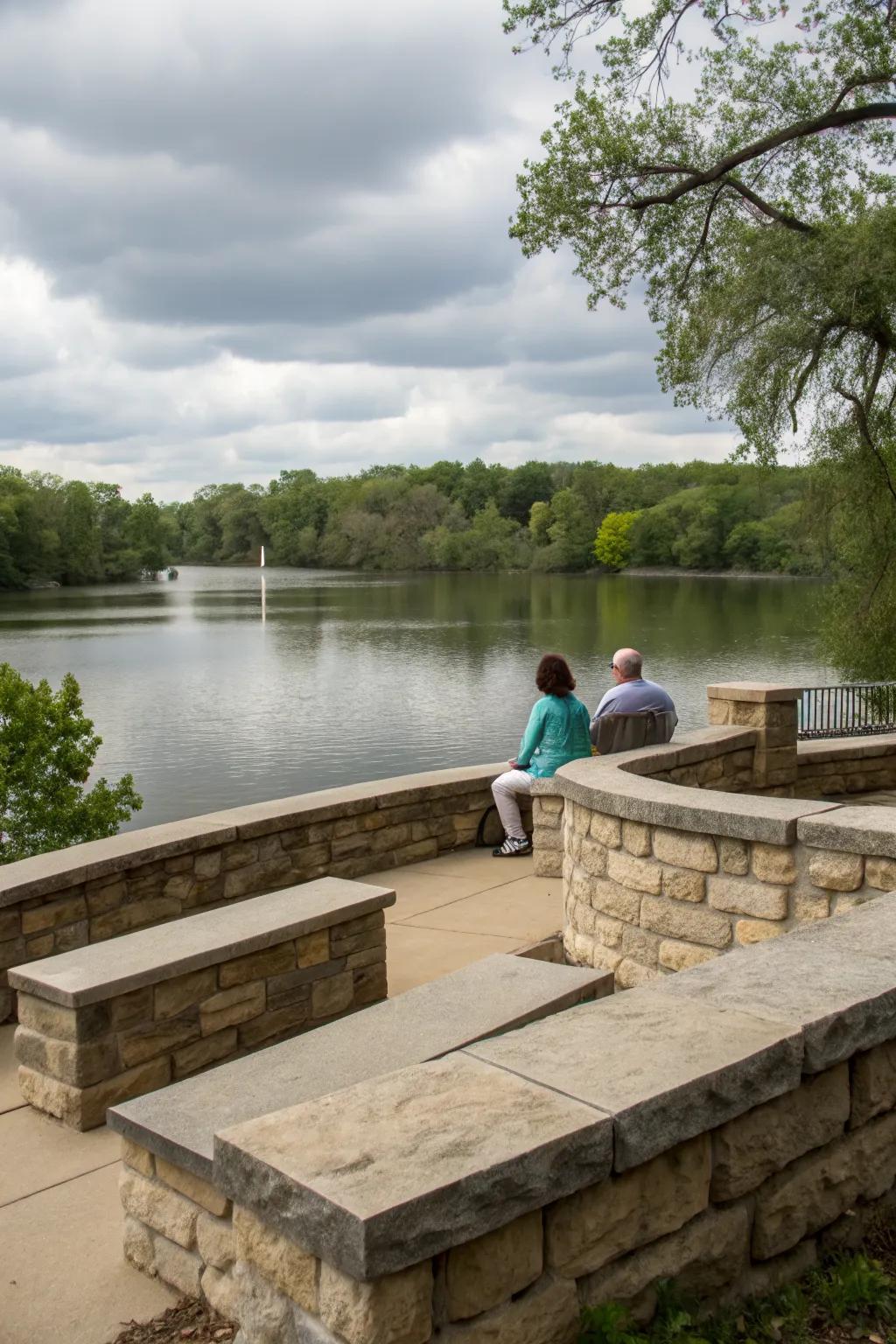 Built-in seating offers a seamless and practical design for lakeside enjoyment.