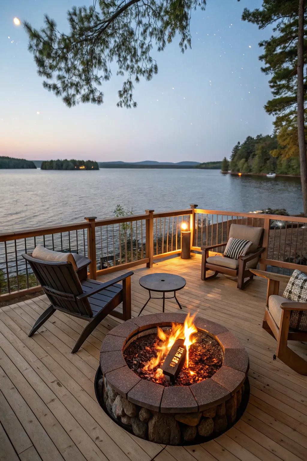 A fire pit offering warmth and ambiance on a lakefront deck.