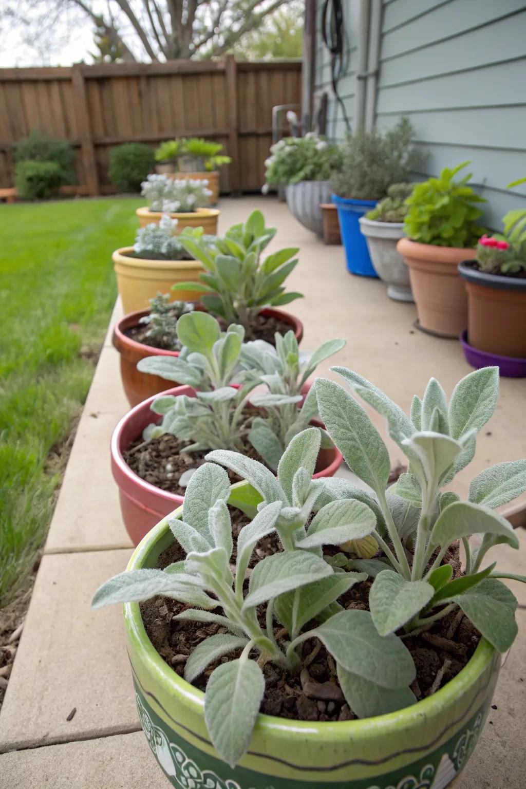 Versatile container garden featuring lush lamb's ear.