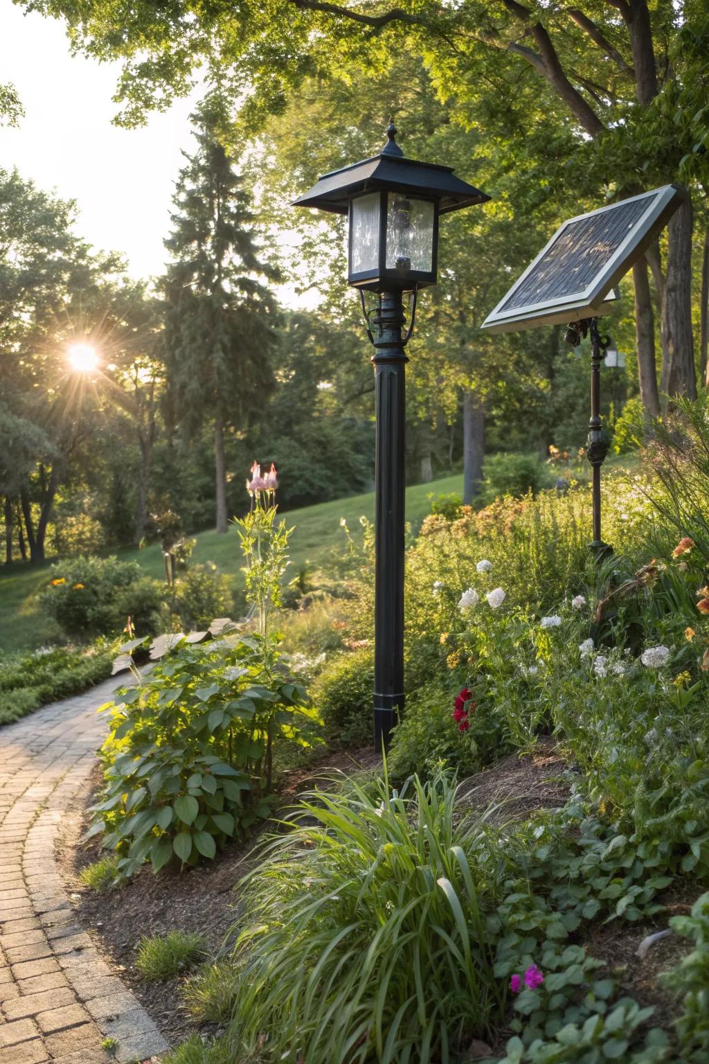 Solar-powered lamp posts offer a sustainable lighting solution.