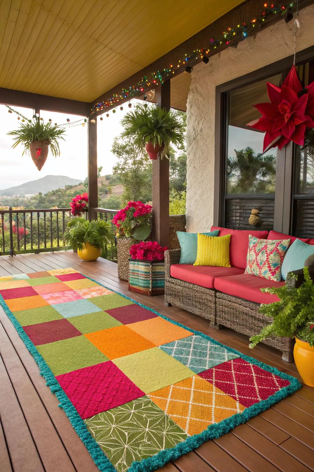 Colorful rugs bring warmth and style to a lanai.