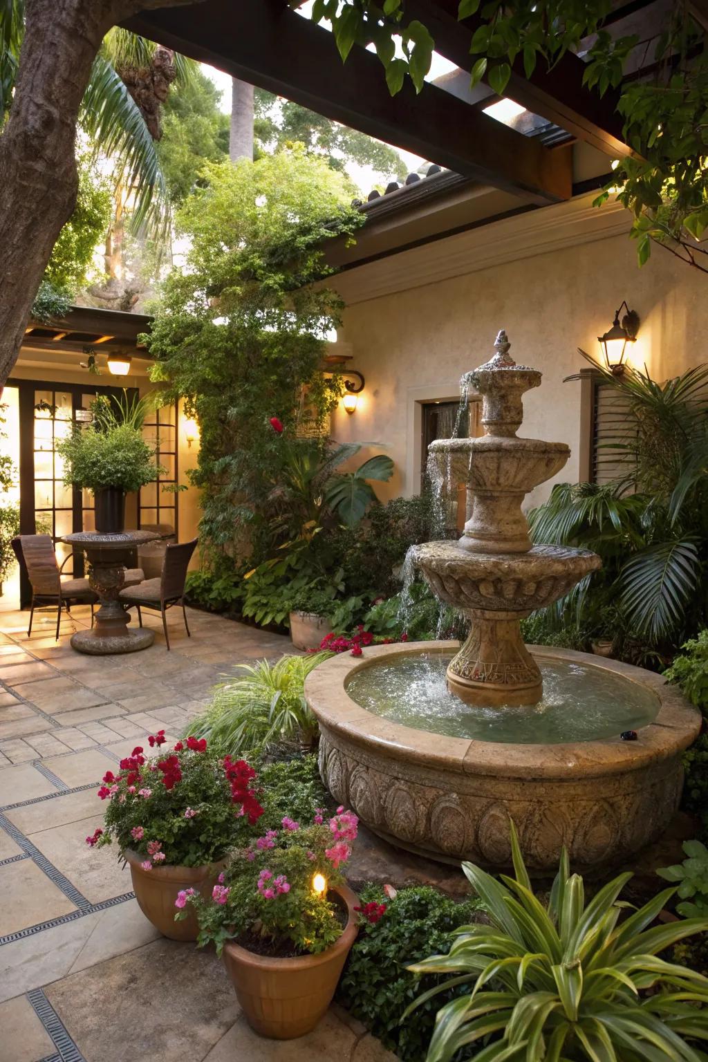 A water feature adds a tranquil touch to this lanai patio.