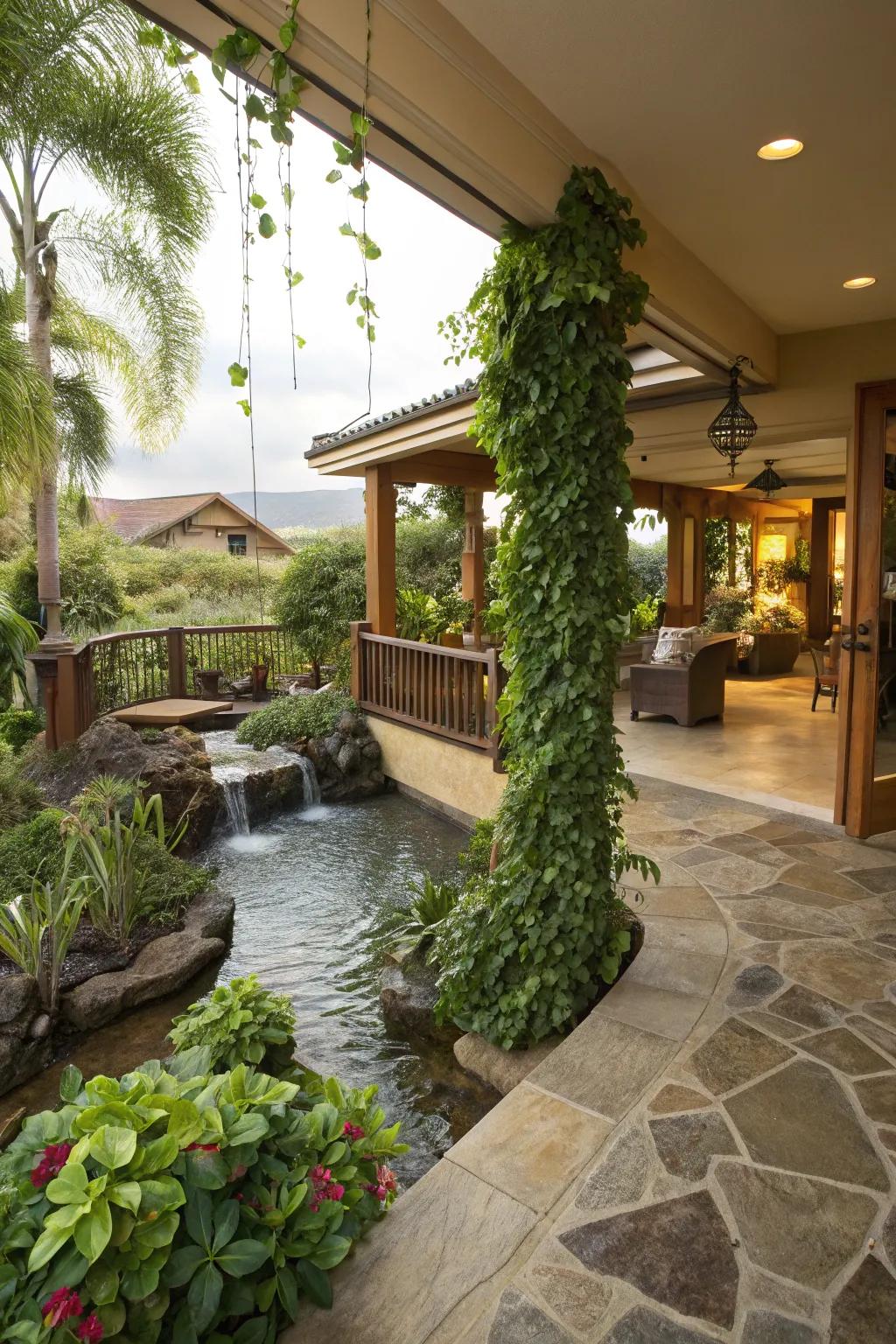 Create a tranquil retreat with lush landscaping and tiles.