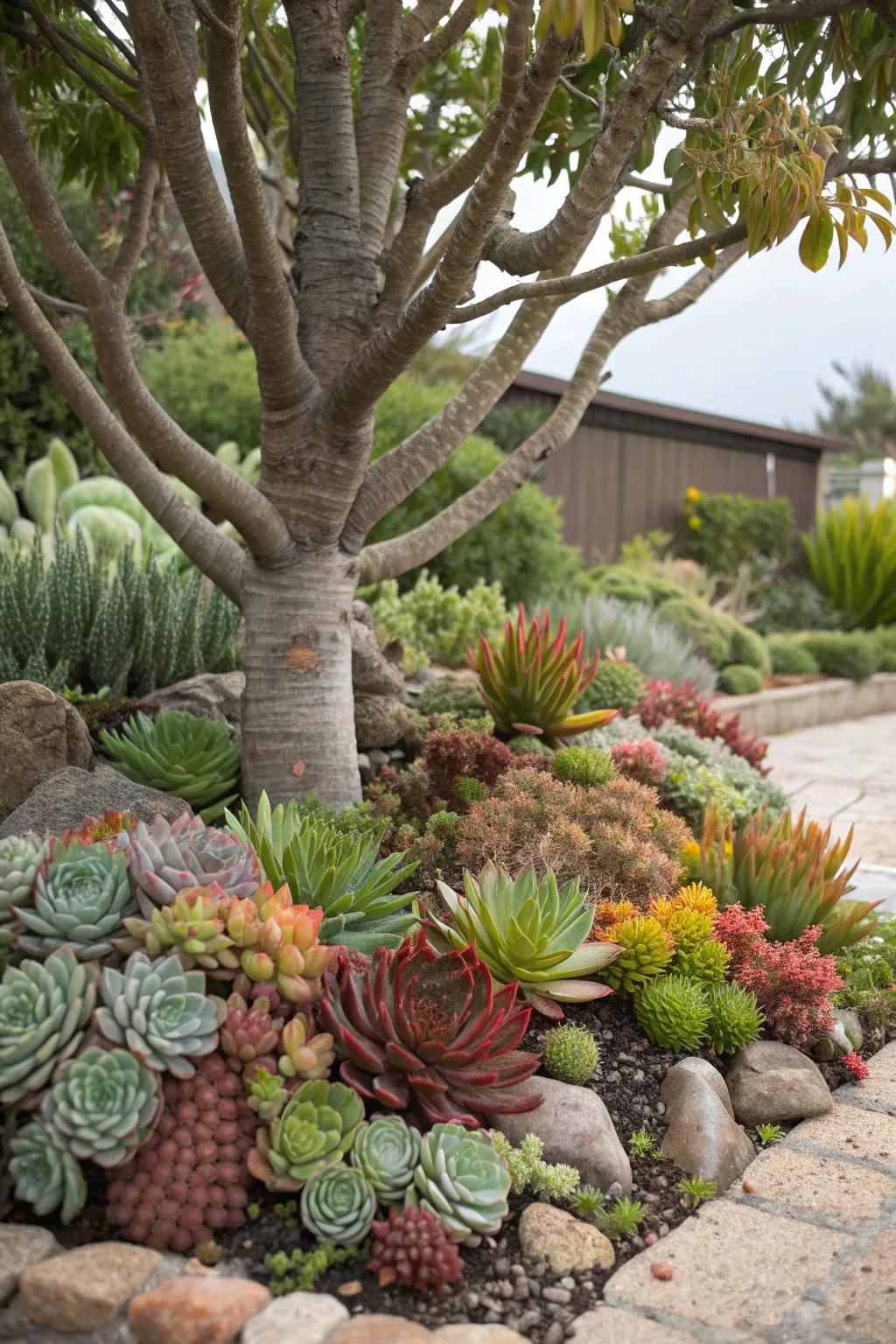 Succulents bring a diverse palette of texture around a tree.