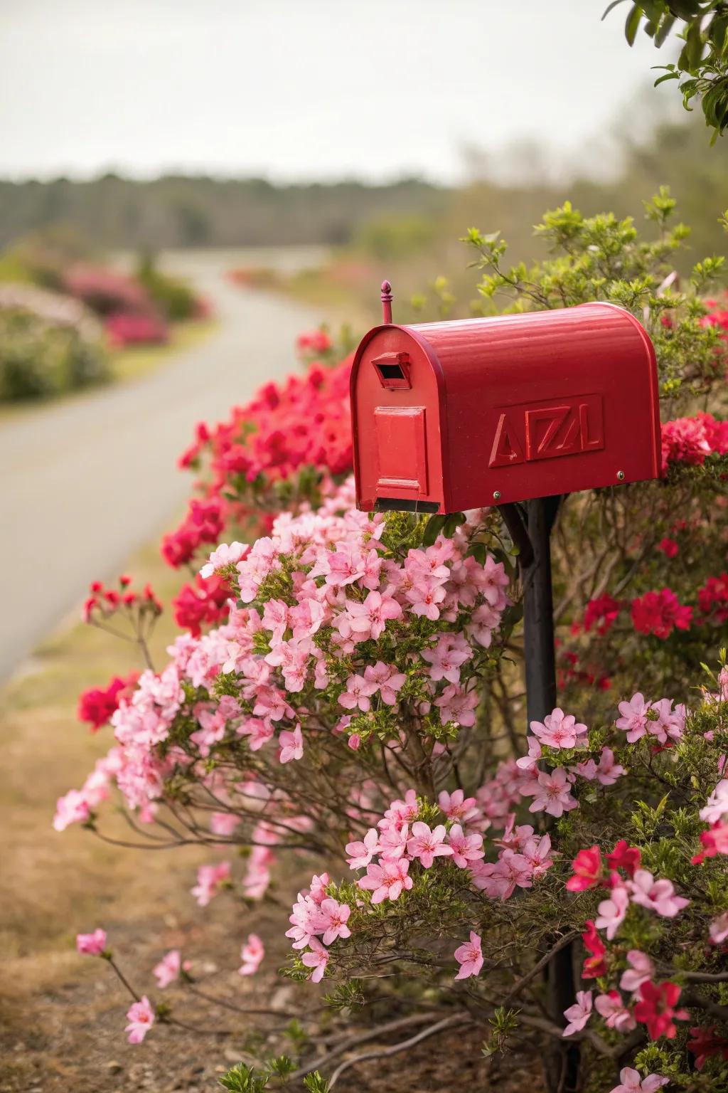 A mailbox surrounded by vibrant Encore Azaleas.