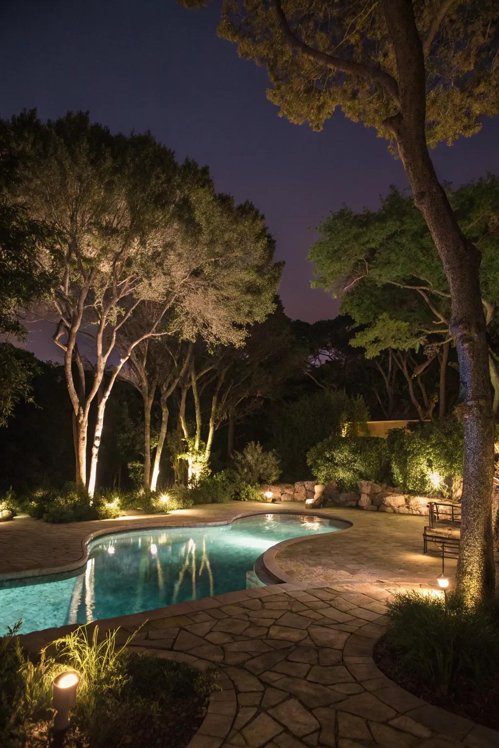 Tree uplighting emphasizes the beauty of your garden's foliage.