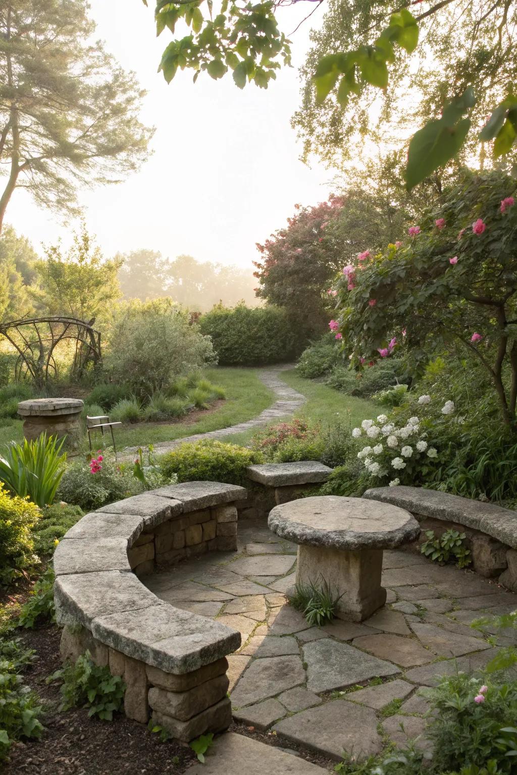 Stone seating areas providing a tranquil spot for relaxation.