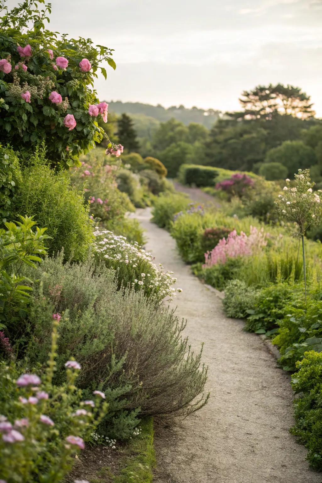 Herbaceous borders add scent and texture to garden paths.