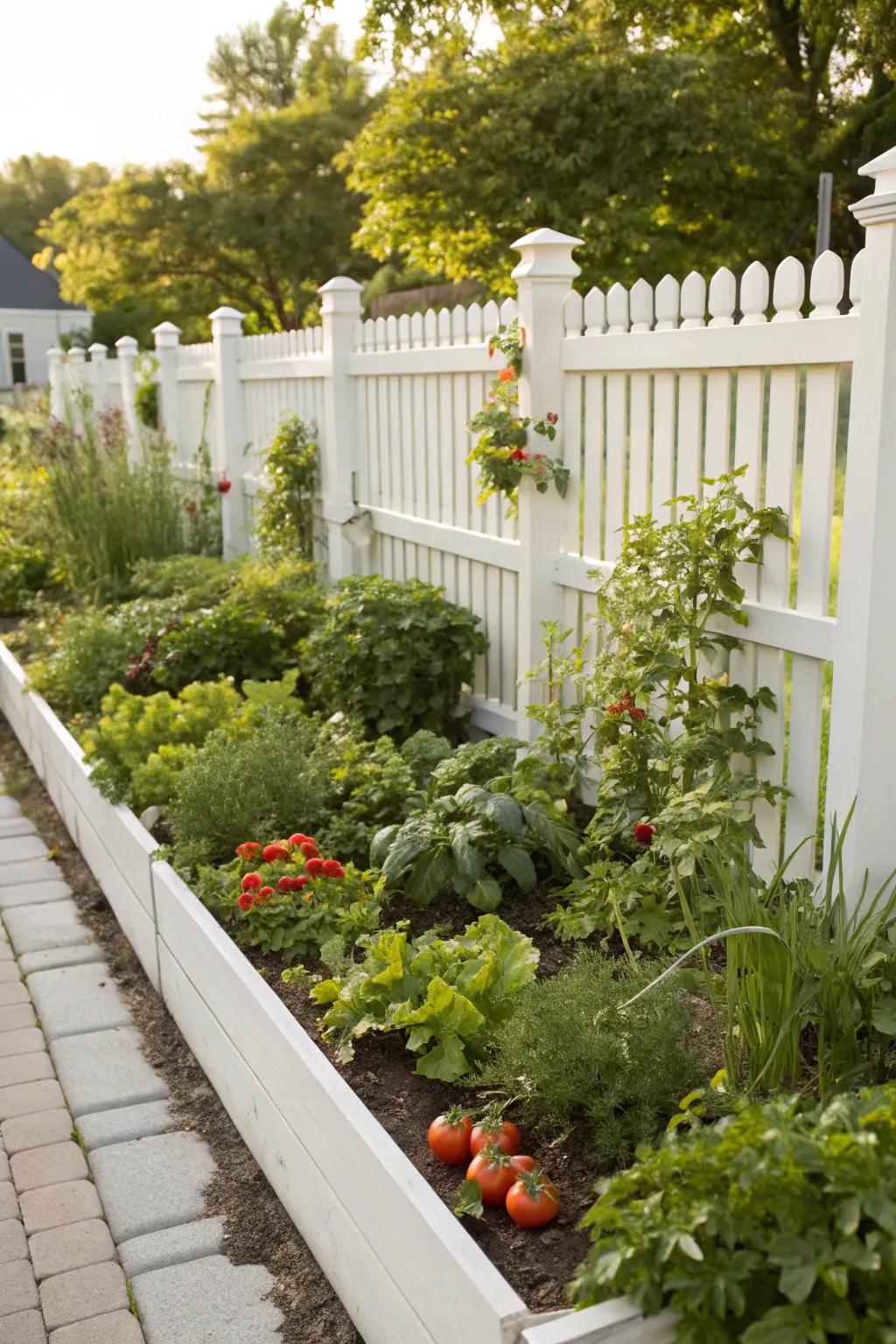An edible garden with herbs and vegetables adds practicality and delight along a white vinyl fence.