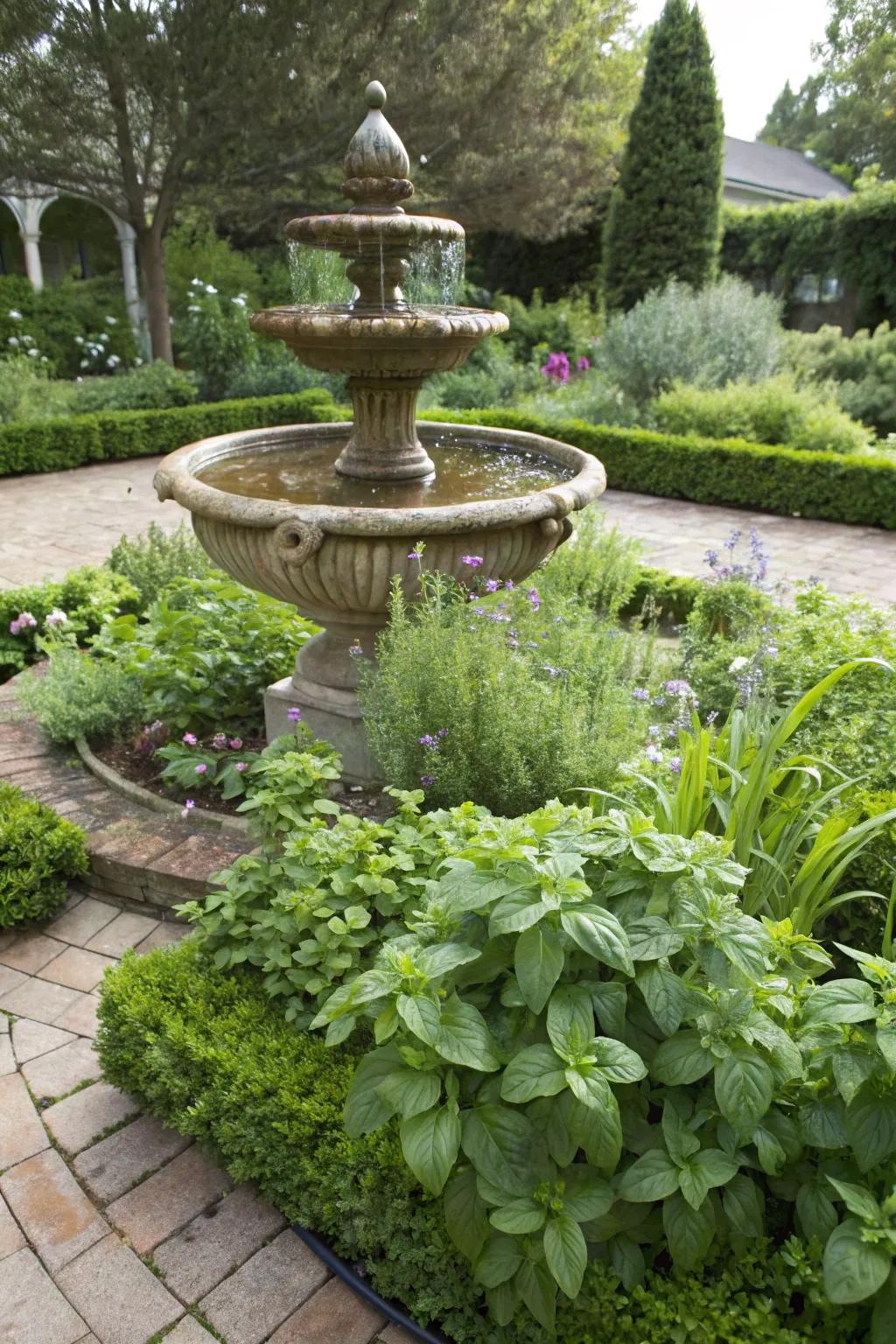 A functional herb garden encircling a decorative fountain.