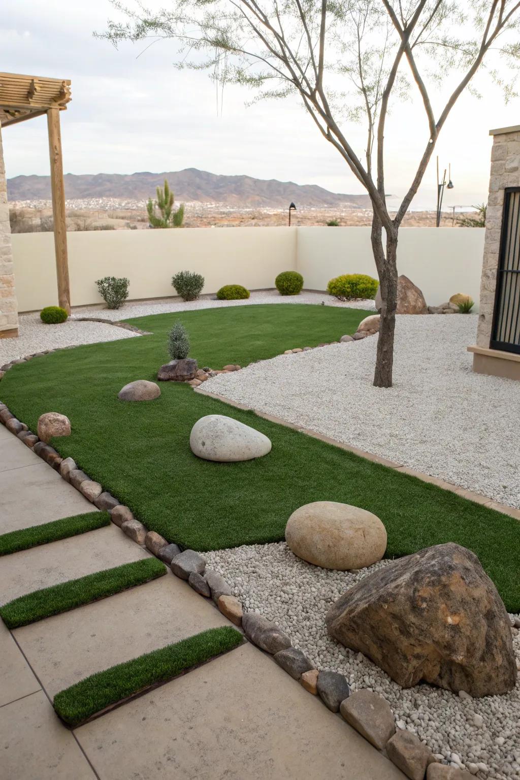 A tranquil Zen garden with simple design elements and lush artificial grass.