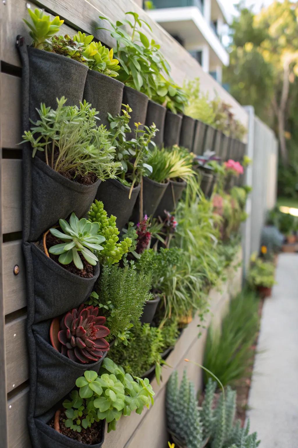 A vertical garden provides both privacy and a living art piece.