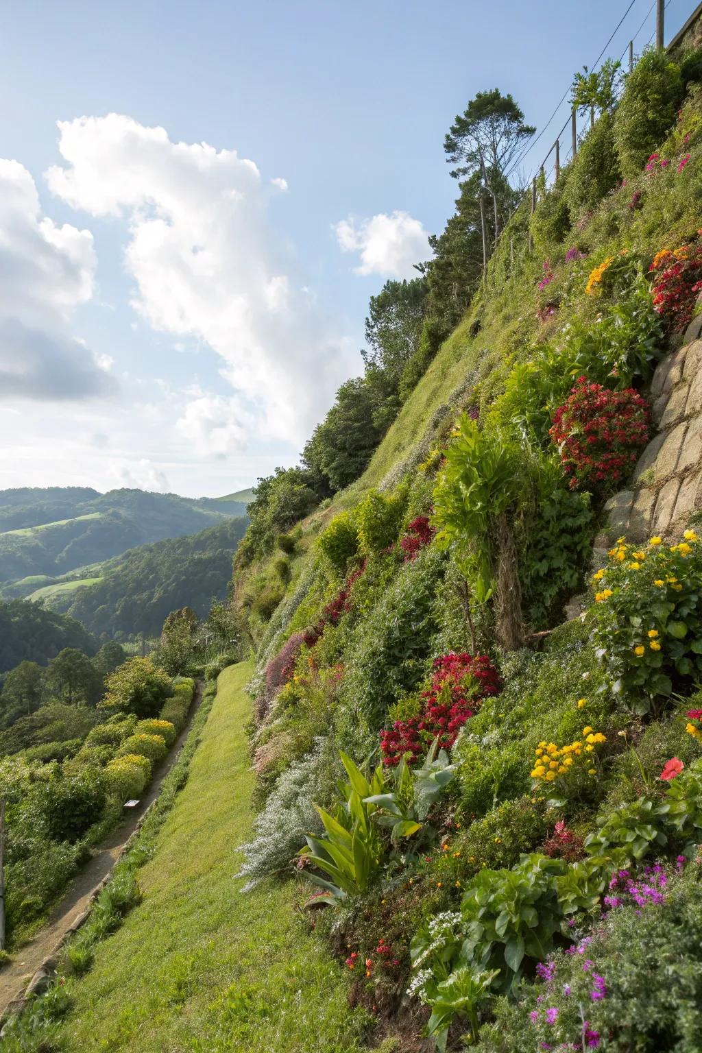 Vertical gardens add dimension and lushness to slopes.