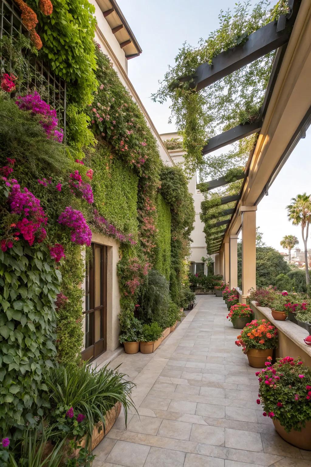 Vertical gardens bring lush greenery to patio walls.