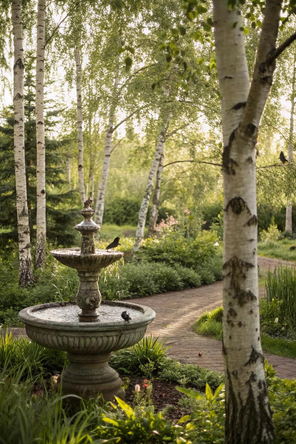 Water features bring a calming presence and enhance the birch tree landscape.