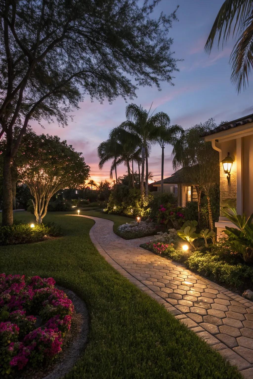 Enchanting lighting brings out the yard's beauty at night.