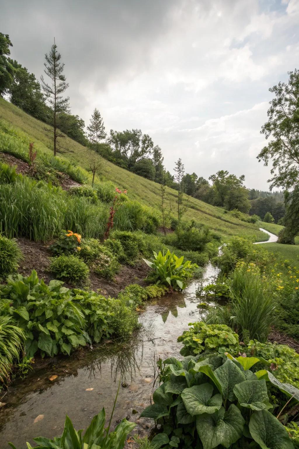 Rain gardens manage water while adding beauty.