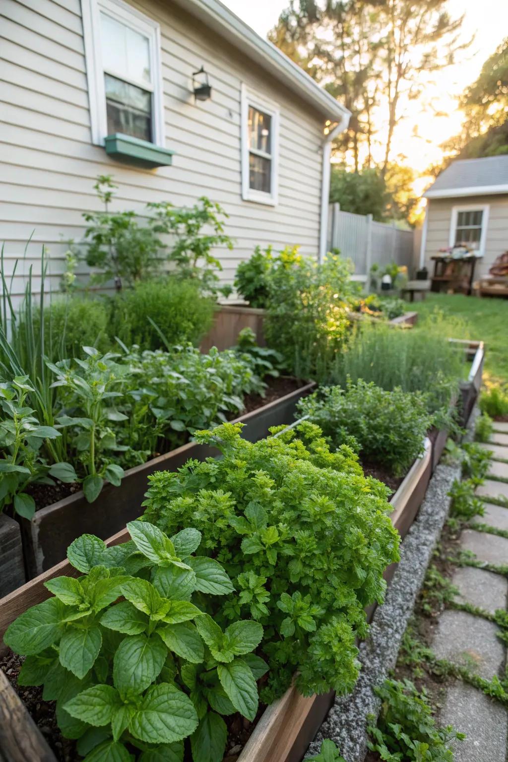 A herb garden offers fresh culinary delights.