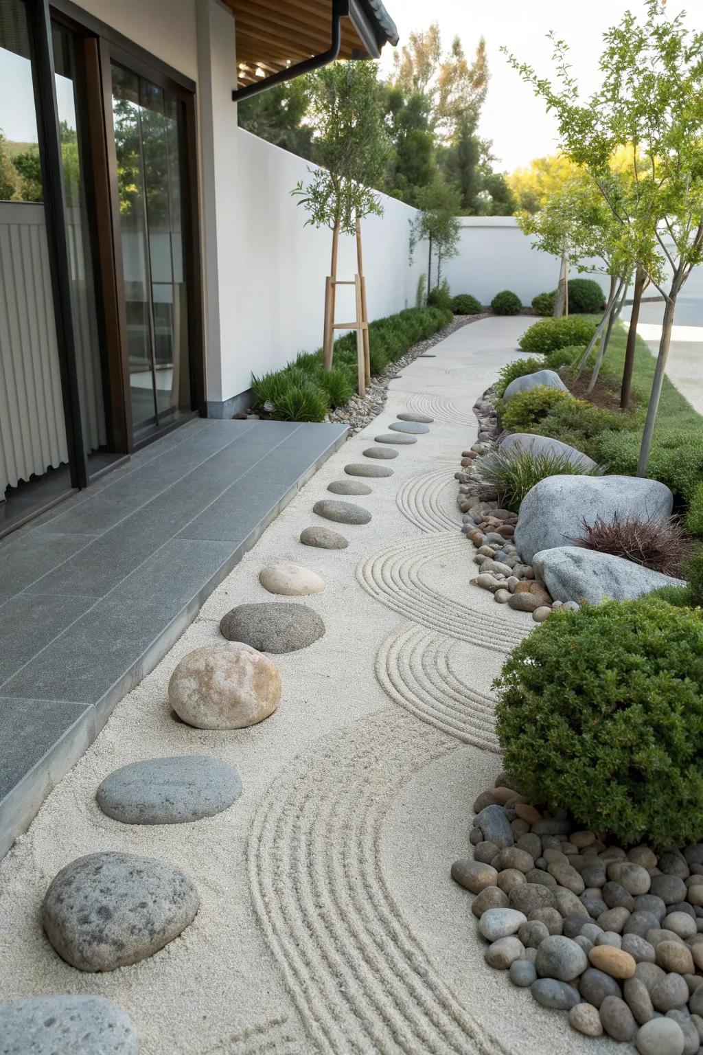 Zen garden elements introduce a calming and serene atmosphere to your front walkway.