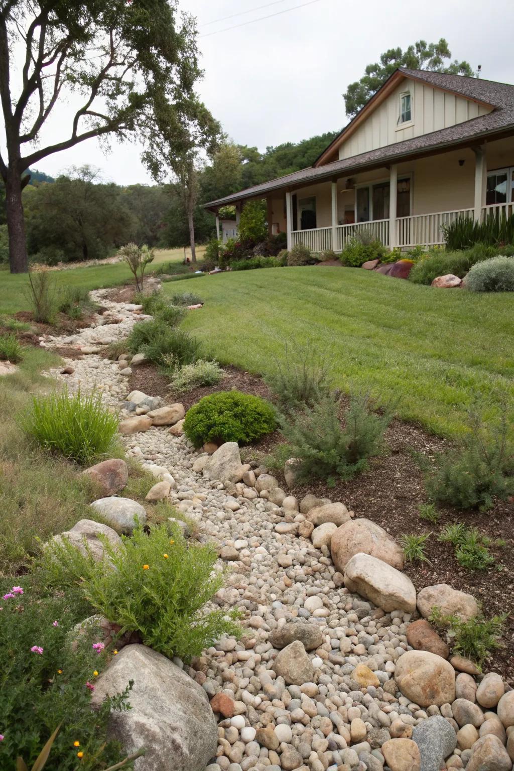 A dry creek bed adds a natural, serene element
