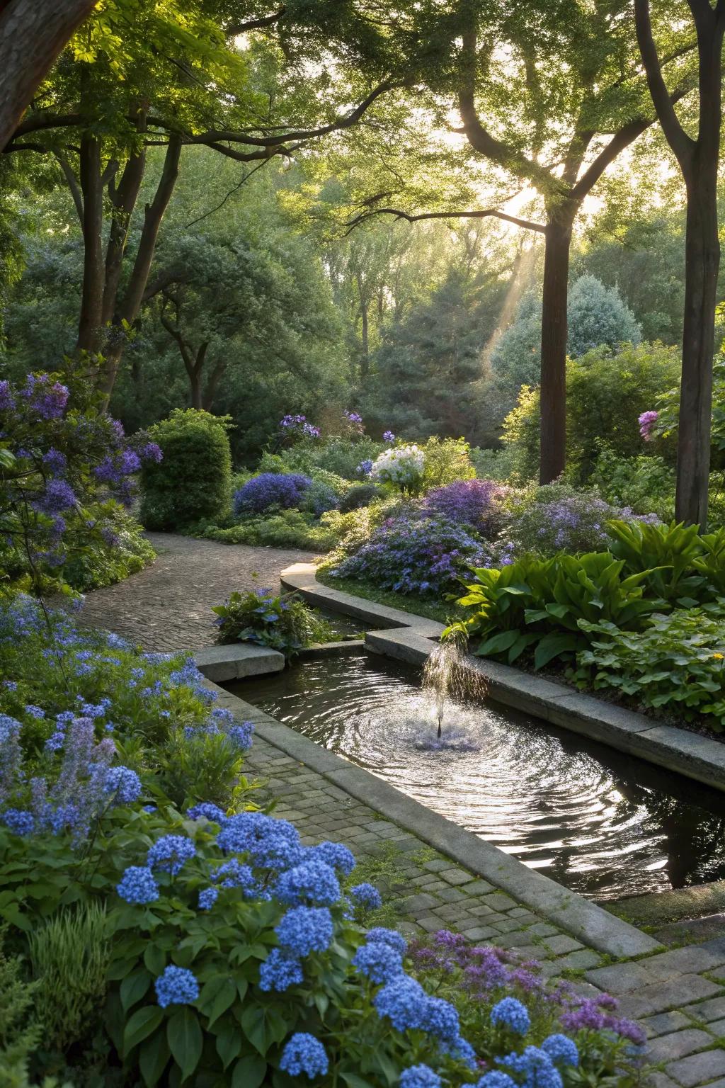 Cool-toned elements create a refreshing oasis in the shade.