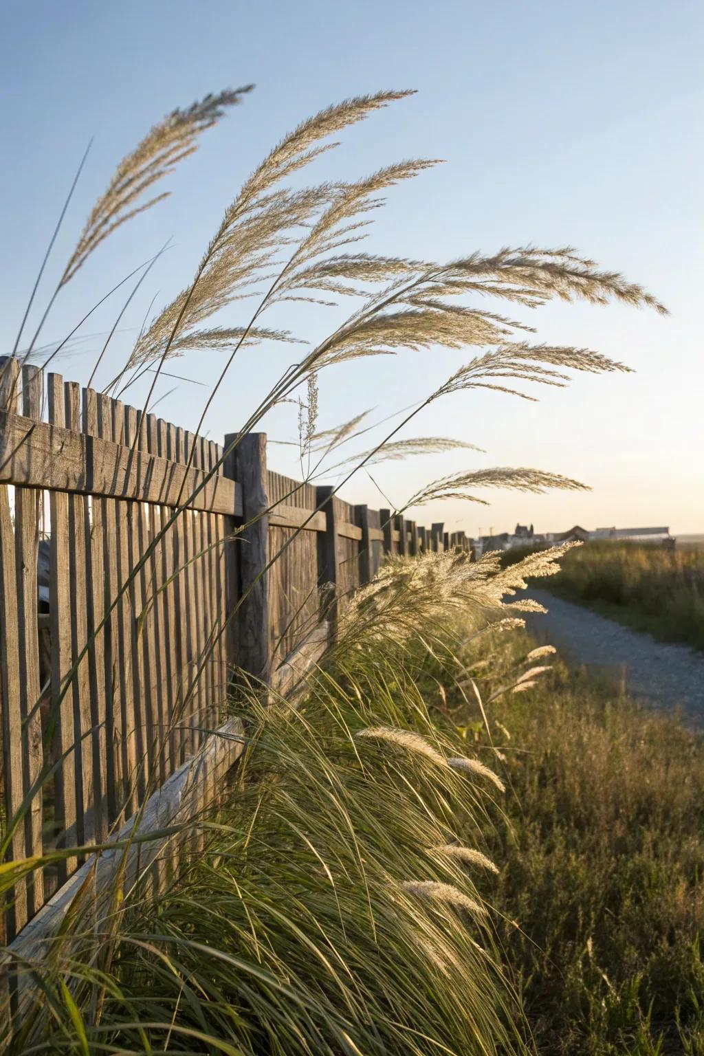 Ornamental grasses create a soft, natural screen for the fence.