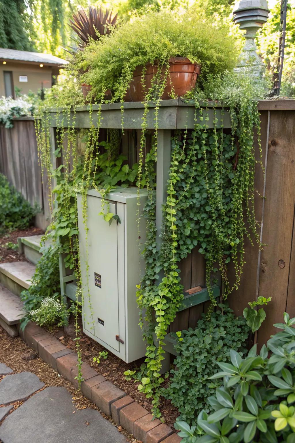 Trailing plants on shelves create a lush, green curtain over utility boxes.