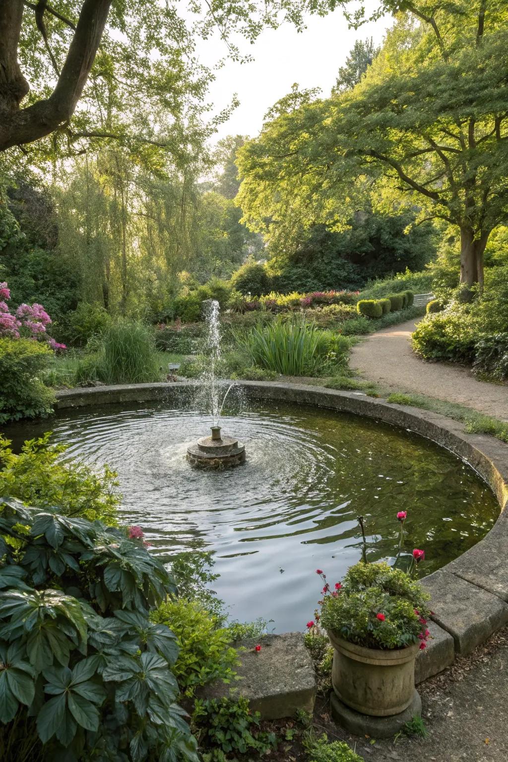 A serene water feature serving as a natural yard divider.
