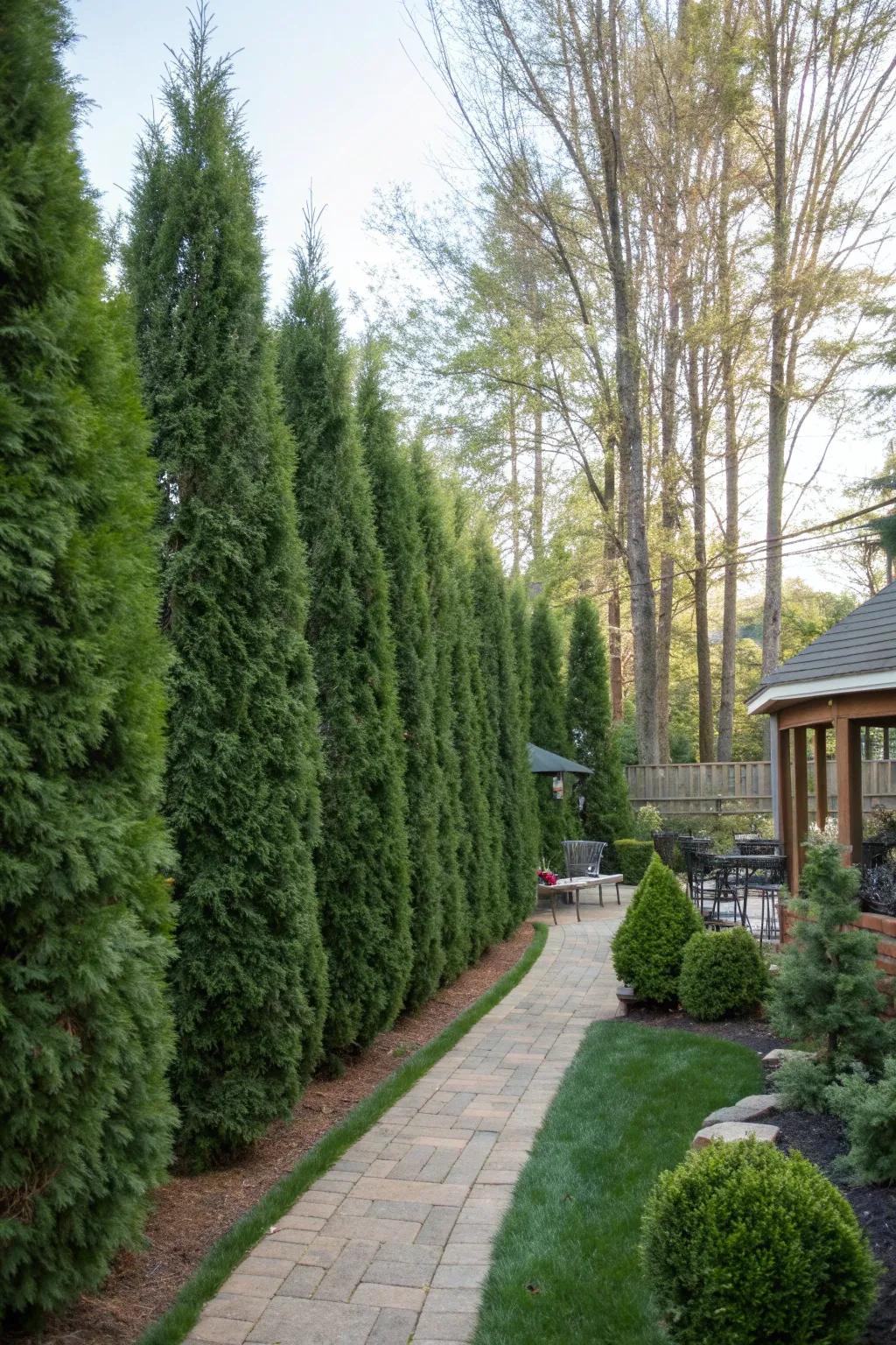 Tall evergreens offer natural privacy and a lush backdrop.