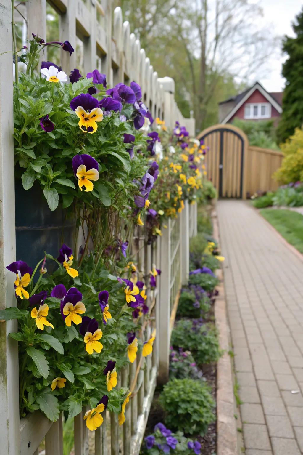 A vibrant vertical pansy garden on a residential fence.
