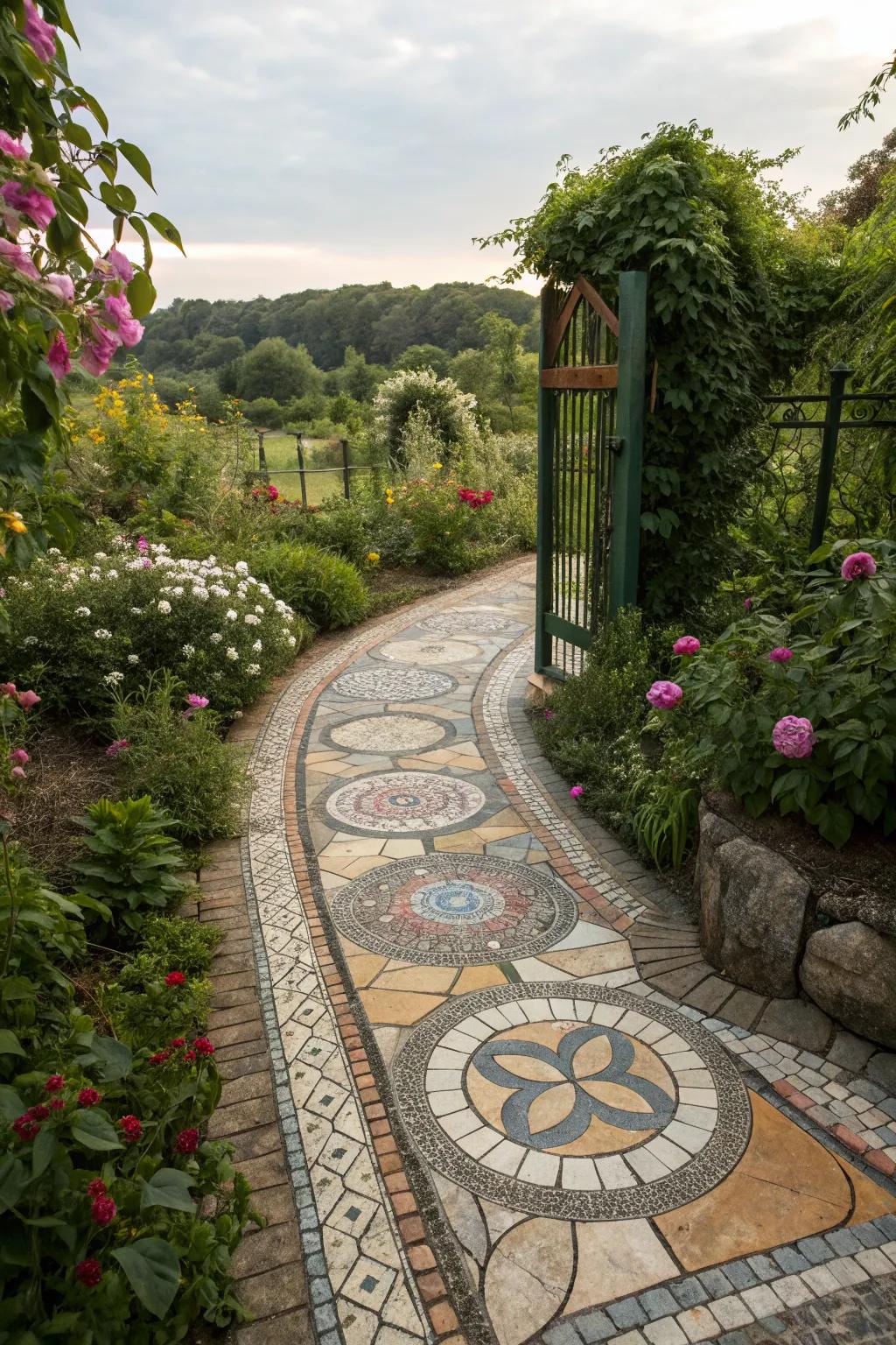 Mosaic pathways turn garden paths into artistic masterpieces.