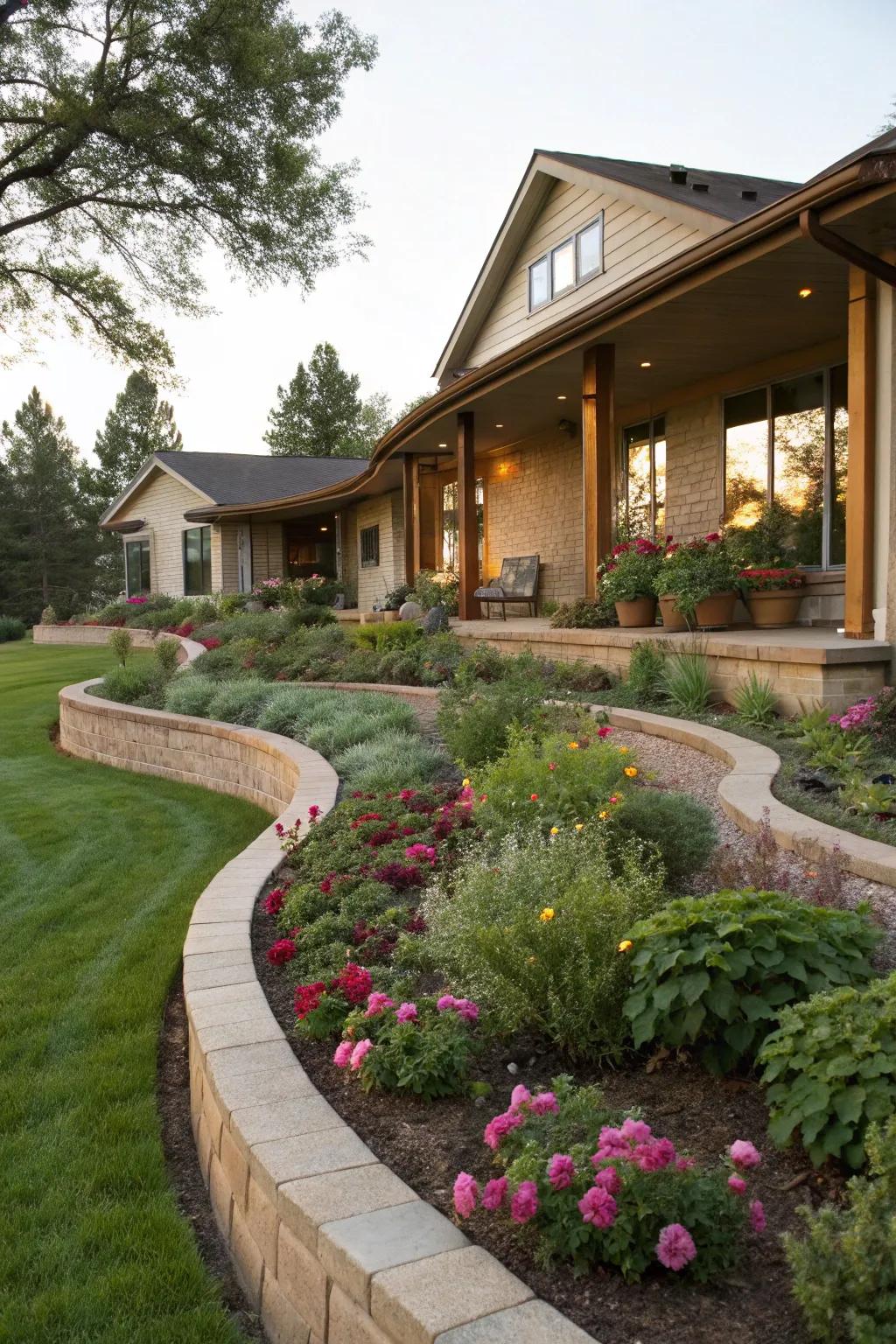 Curved garden beds adding a dynamic touch to a ranch-style home's landscaping.