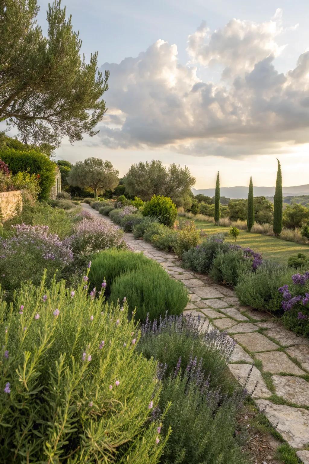 A Mediterranean garden featuring rosemary and lavender.