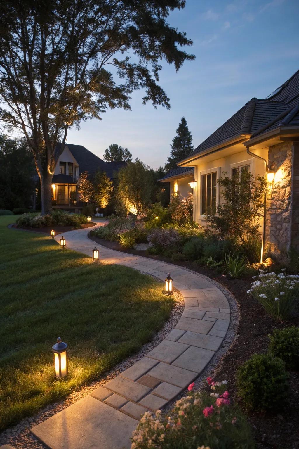 Thoughtful lighting transforms the landscape, making it inviting and safe.