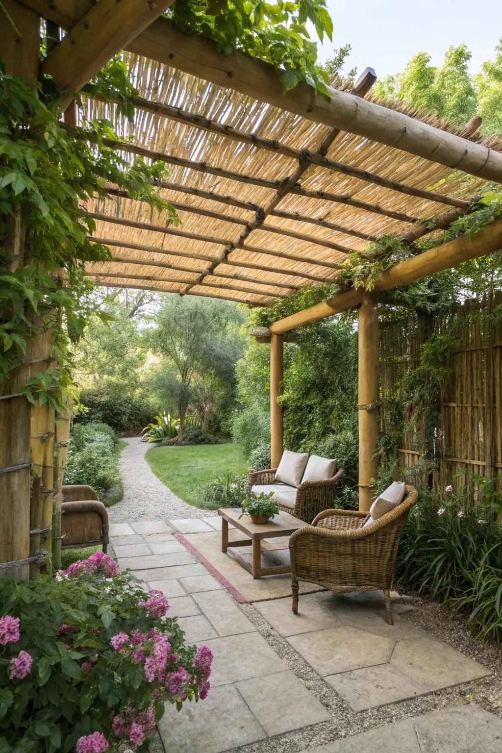 A bamboo pergola offers shade and style for your garden gatherings.