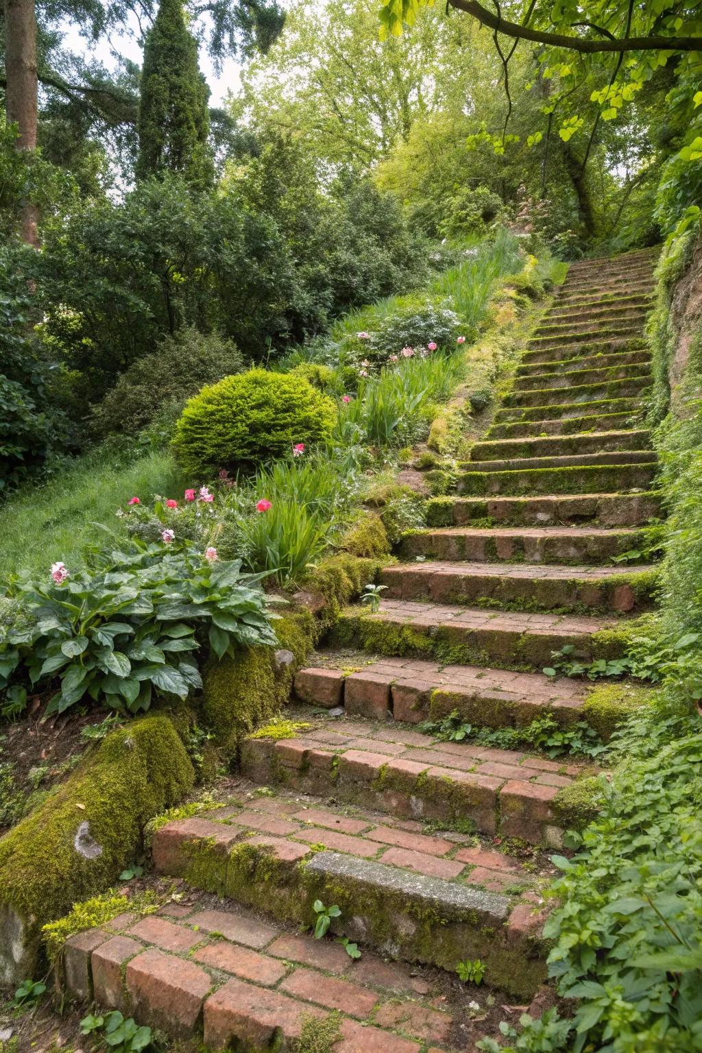 Navigate garden slopes with sturdy and stylish brick steps.