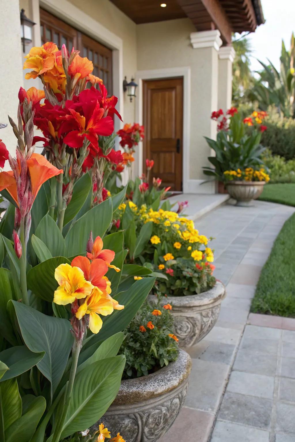 Canna lilies adding color to an entryway