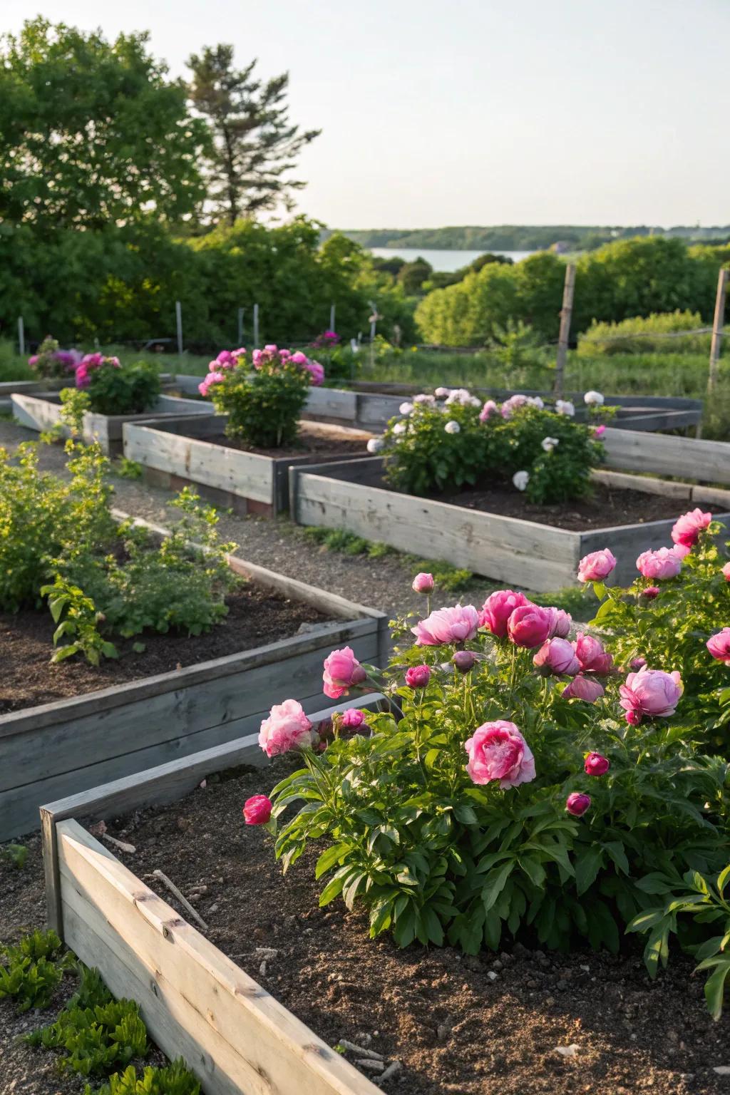 Raised beds showcasing the elevated beauty of peonies.