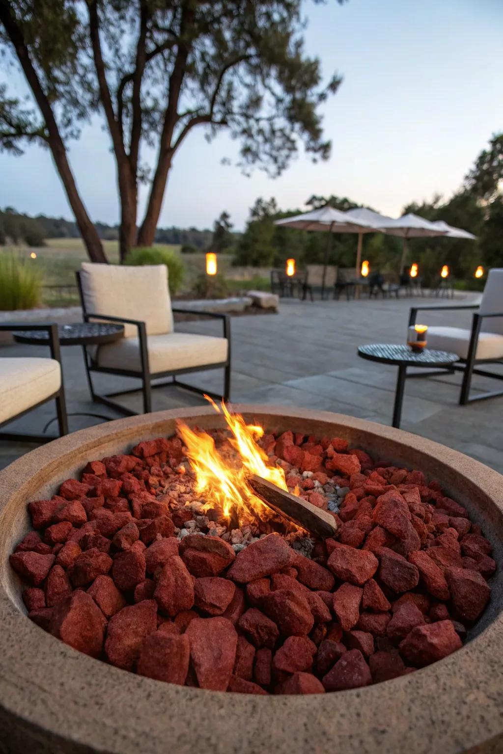 Red lava rocks provide a safe and attractive fire pit base.