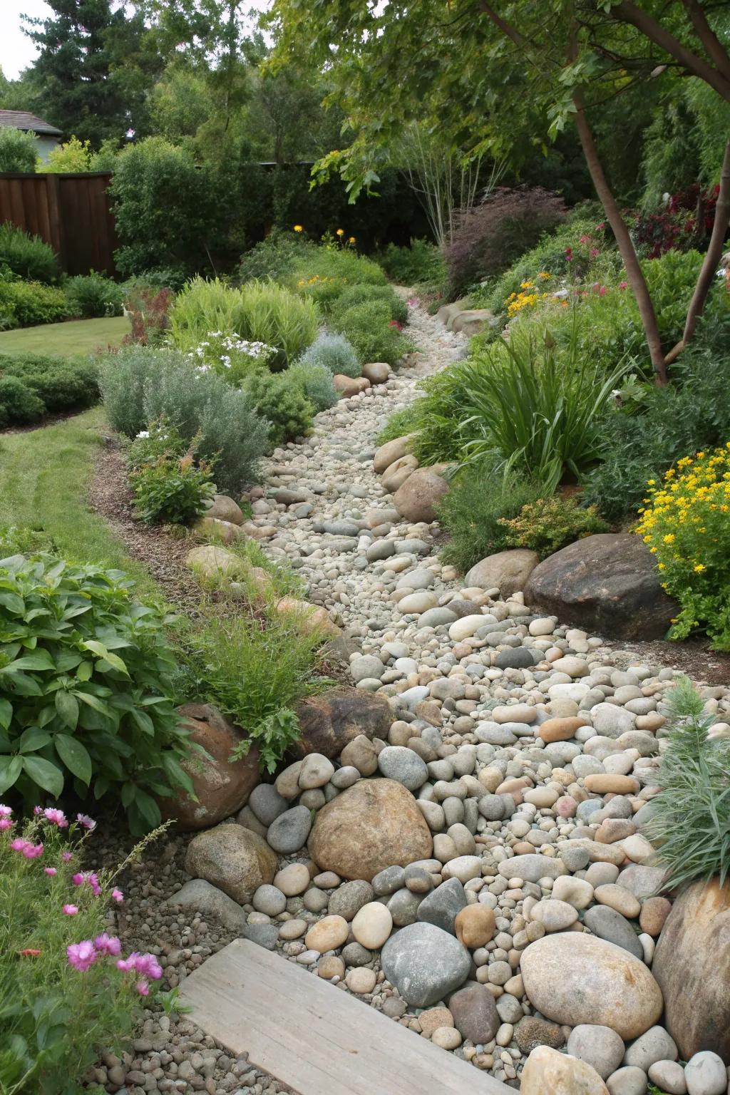 A dry river bed adding dynamic flow to the garden